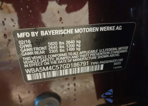 2016 BMW 535I Gran Turismo xDrive z USA, uszkodzony, nr VIN WBA5M4C57GD186791